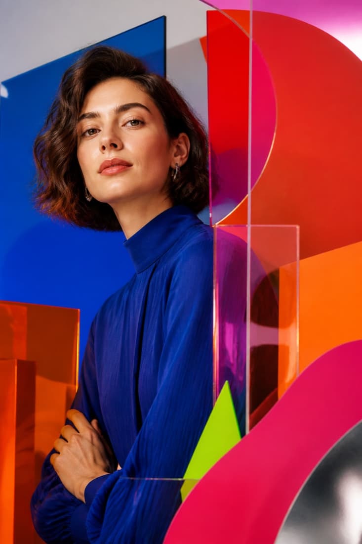 Bold contemporary portrait with colorful acrylic forms